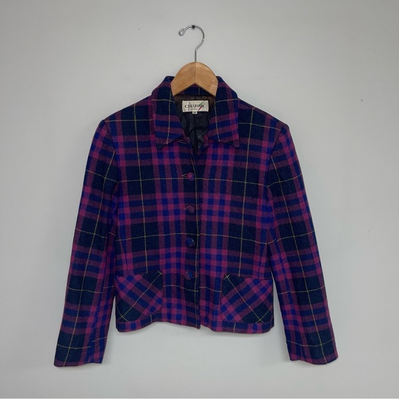 Charme Vintage 2-Piece Set Size 6 US Petite Pink Blue Plaid Wool Skirt Blazer - Picture 2 of 11